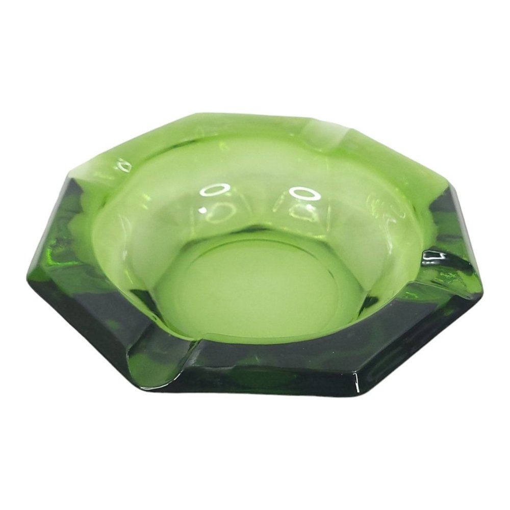 Vintage Emerald Green Octagonal Glass Ashtray 4 Slot Cigar Cigarette Mid Century